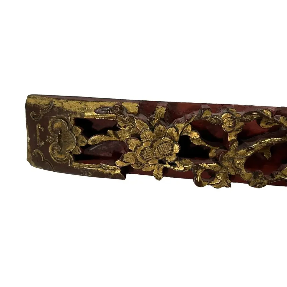 Antique Chinese Gold Leaf Carved Wood Wall Art High Relief Panel 18.75